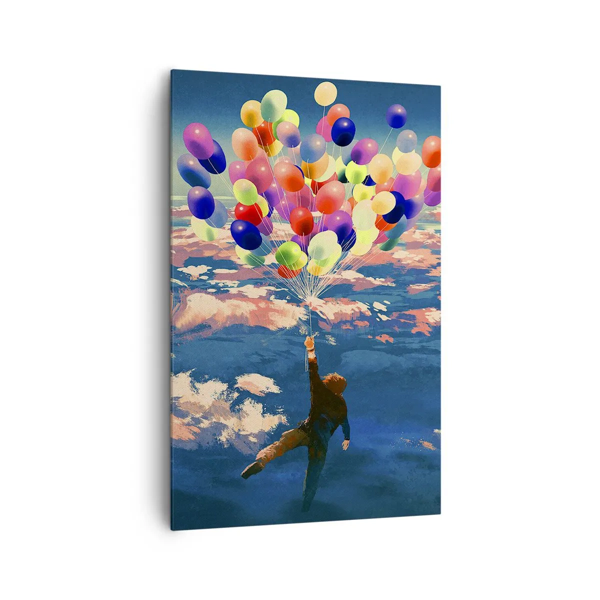 Impression sur toile - Image sur toile - Une silhouette flottant au-dessus des nuages avec des ballons colorés - 80x120cm - Un rêve d'enfant devenu réalité - Décoration murale moderne pour le salon et la chambre ARTTOR