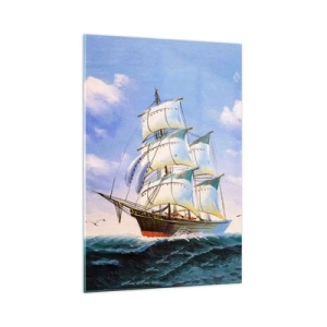 Impression sur verre - Image sur verre - Un voilier en pleine mer sous un ciel bleu - 70x100cm - Fièrement avec le vent - Décoration murale moderne pour le salon et la chambre ARTTOR