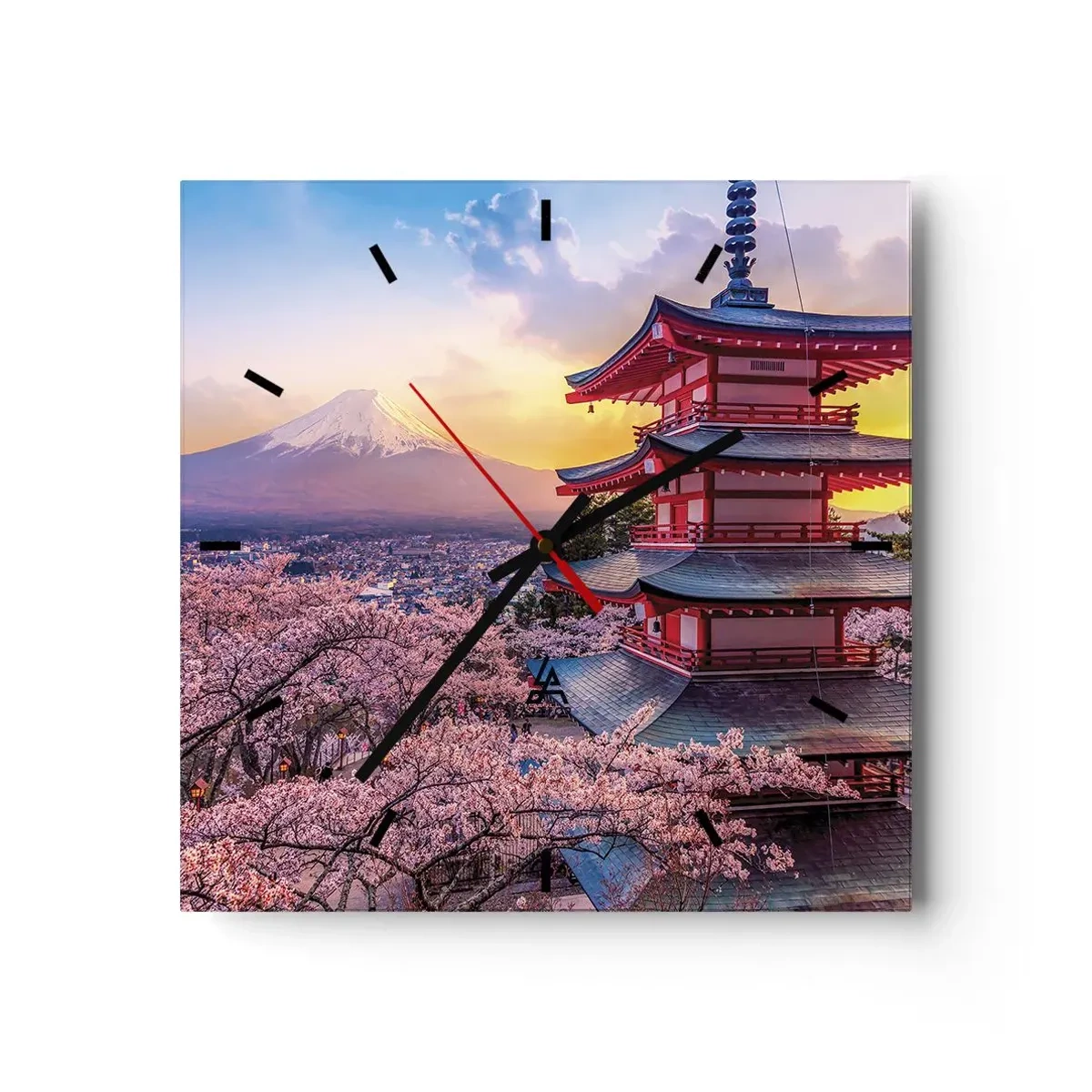 Horloge murale - Pendule murale - Une pagode au Japon avec des cerisiers en fleurs et le mont Fuji - 30x30cm - Essence d'âme japonnaise - Décoration murale moderne pour le salon et la chambre ARTTOR