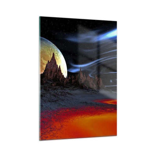 Impression sur verre - Image sur verre - Paysage extraterrestre avec une planète et un ciel coloré - 50x70cm - Monde inconnu - Décoration murale moderne pour le salon et la chambre ARTTOR