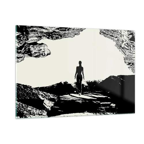 Impression sur verre - Image sur verre - Silhouette d'une femme sortant d'une grotte en graphisme noir et blanc - 120x80cm - Nouveau look - Décoration murale moderne pour le salon et la chambre ARTTOR