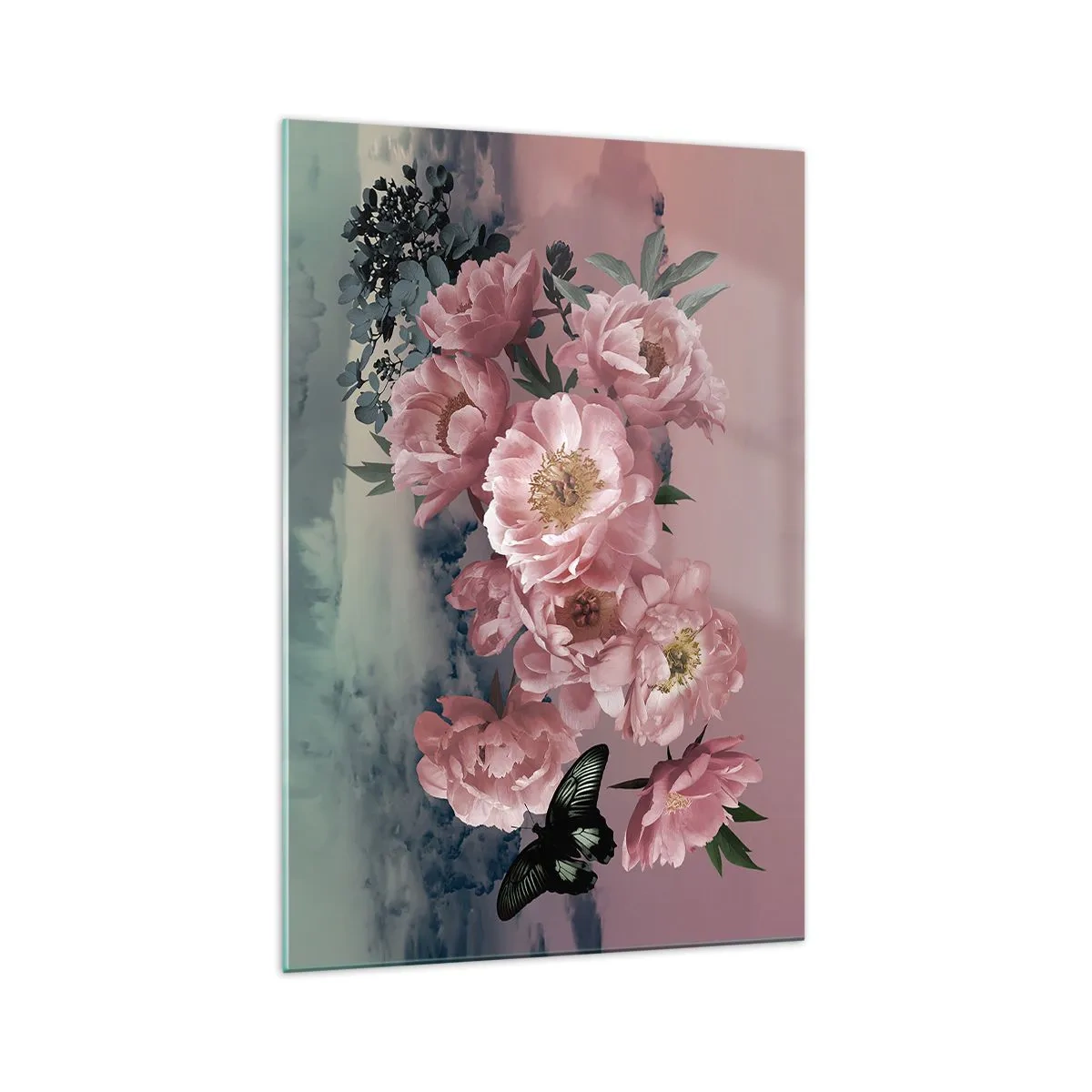 Impression sur verre - Image sur verre - Pivoines roses avec un papillon sur fond pastel - 70x100cm - Pic du romantisme - Décoration murale moderne pour le salon et la chambre ARTTOR