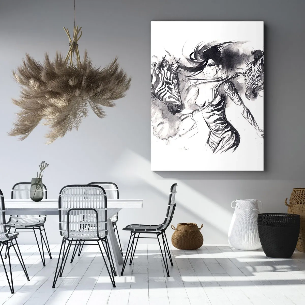 Impression sur toile - Image sur toile - Une femme dans une danse dynamique avec des zèbres dans une esthétique noir et blanc - 80x120cm - Danse avec les zèbres - Décoration murale moderne pour le salon et la chambre ARTTOR