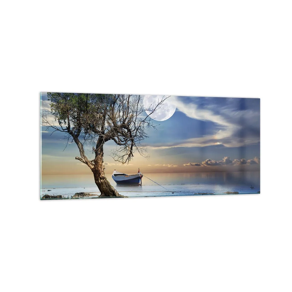 Impression sur verre - Image sur verre - Un arbre solitaire et un bateau sur une eau calme sous la pleine lune. - 120x50cm - Est-ce la fin ou le début ? - Décoration murale moderne pour le salon et la chambre ARTTOR