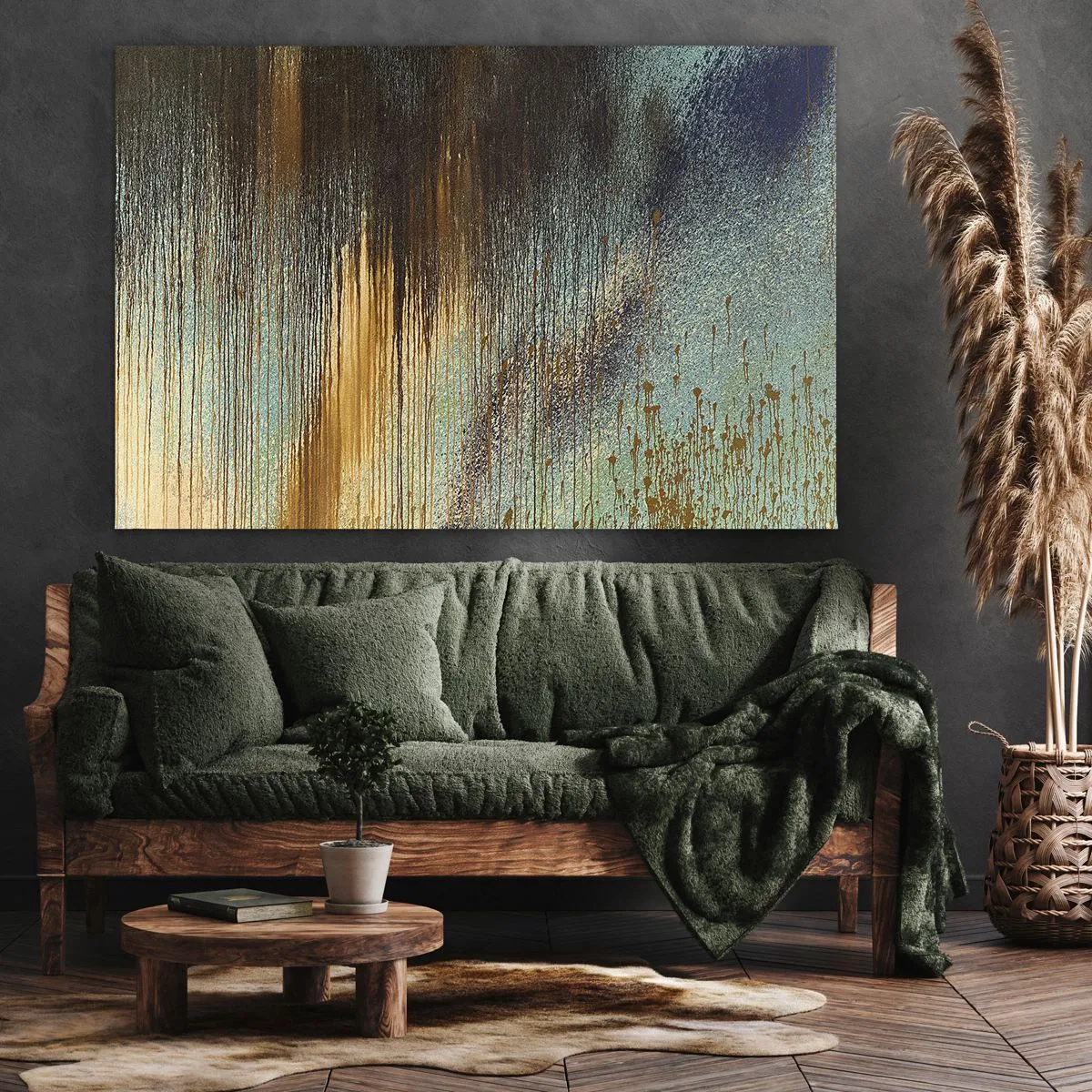 Impression sur toile - Image sur toile - Une composition abstraite de couleurs dans des tons d'or, de marron et de bleu. - 120x80cm - Une composition de couleirs non fortuite - Décoration murale moderne pour le salon et la chambre ARTTOR