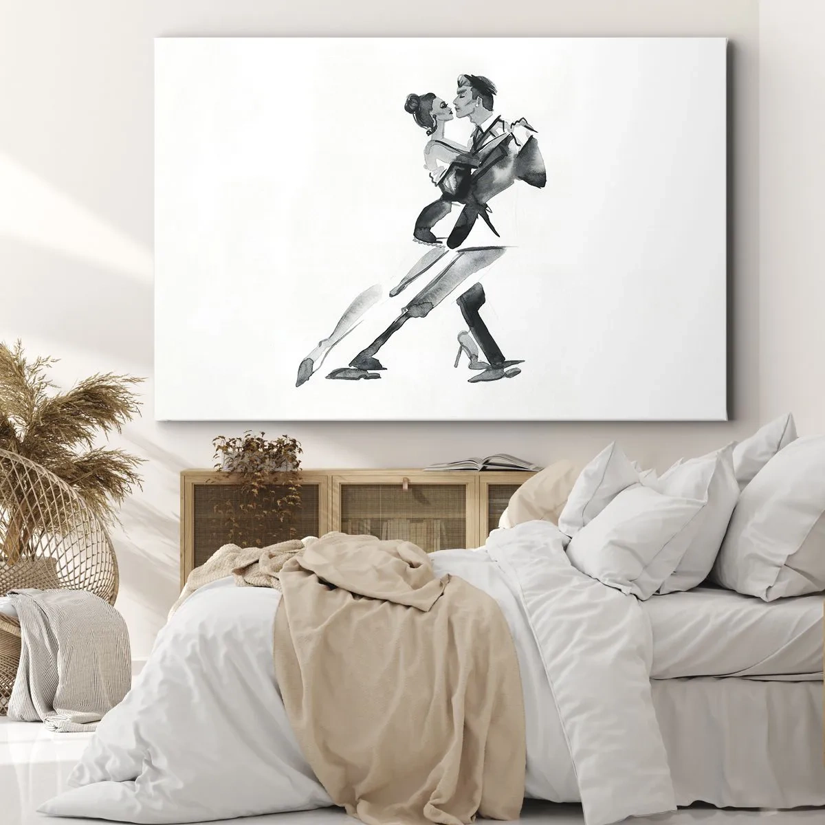 Impression sur toile - Image sur toile - Une illustration subtile d'un couple dansant dans un style monochrome. - 120x80cm - En un battement - Décoration murale moderne pour le salon et la chambre ARTTOR