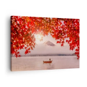 Impression sur toile - Image sur toile - Un bateau sur un lac entouré de feuilles d'érable rouges - 70x50cm - Dans le climat japonais - Décoration murale moderne pour le salon et la chambre ARTTOR