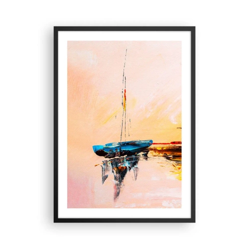 Affiche dans un cadre noir - Poster - Bateau abstrait sur une eau calme au coucher du soleil - 50x70cm - Soirée à la marina - Décoration murale moderne pour le salon et la chambre ARTTOR