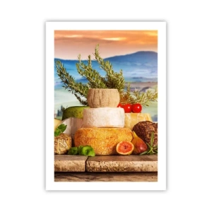 Affiche - Poster - Pile rustique de fromages sur fond de paysage - 50x70cm - La joie de vivre à l'italienne - Décoration murale moderne pour le salon et la chambre ARTTOR