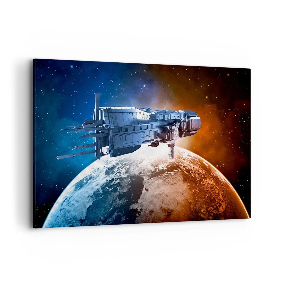 Impression sur toile - Image sur toile - Un vaisseau spatial avec en arrière-plan une planète dans l'espace - 120x80cm - Un observateur attentif - Décoration murale moderne pour le salon et la chambre ARTTOR