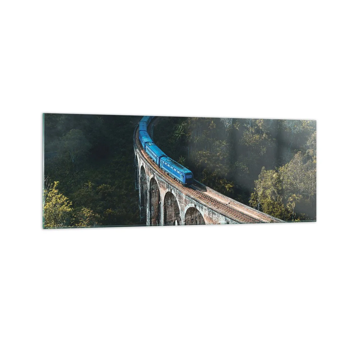 Impression sur verre - Image sur verre - Un train bleu sur un viaduc historique au milieu des forêts - 140x50cm - Train nature - Décoration murale moderne pour le salon et la chambre ARTTOR