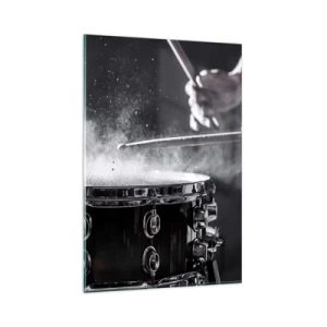 Impression sur verre - Image sur verre - Frapper la caisse claire avec des baguettes avec un effet de poussière - 80x120cm - Tempo de la musique - Décoration murale moderne pour le salon et la chambre ARTTOR