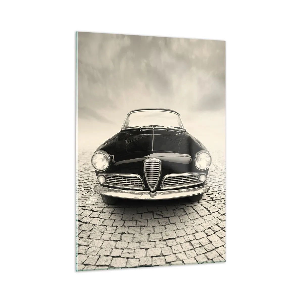 Impression sur verre - Image sur verre - Voiture classique sur une route pavée en noir et blanc - 50x70cm - Et alors! Tu ne m'aime pas? - Décoration murale moderne pour le salon et la chambre ARTTOR
