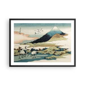 Affiche dans un cadre noir - Poster - Graphismes japonais traditionnels avec des montagnes et des grues - 70x50cm - Avec une âme japonnaise - Décoration murale moderne pour le salon et la chambre ARTTOR