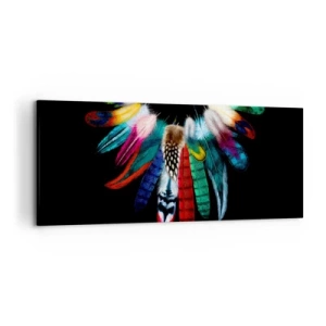 Impression sur toile - Image sur toile - Plumes colorées sur fond noir dans une composition artistique - 120x50cm - Collier indien - Décoration murale moderne pour le salon et la chambre ARTTOR