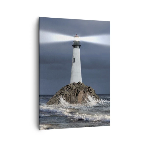 Impression sur toile - Image sur toile - Un phare sur un rocher entouré d'une mer agitée - 50x70cm - I… i… ici ! - Décoration murale moderne pour le salon et la chambre ARTTOR