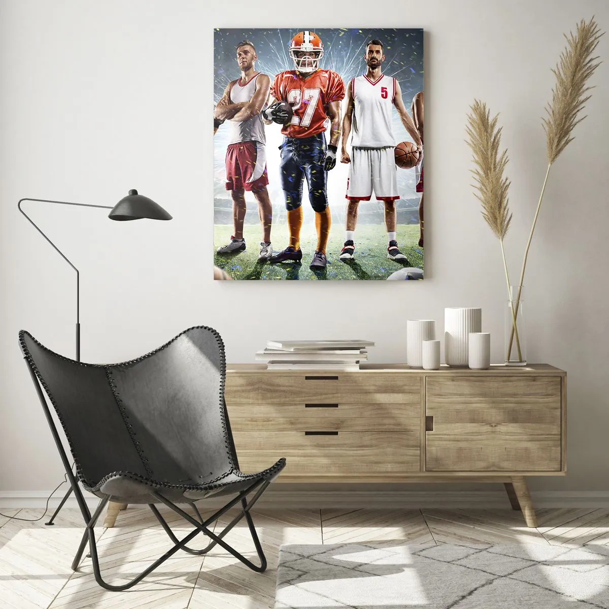 Impression sur verre - Image sur verre - Une scène dynamique d'athlètes de diverses disciplines dans le stade sous les projecteurs - 70x100cm - Gladiateurs des champs - Décoration murale moderne pour le salon et la chambre ARTTOR