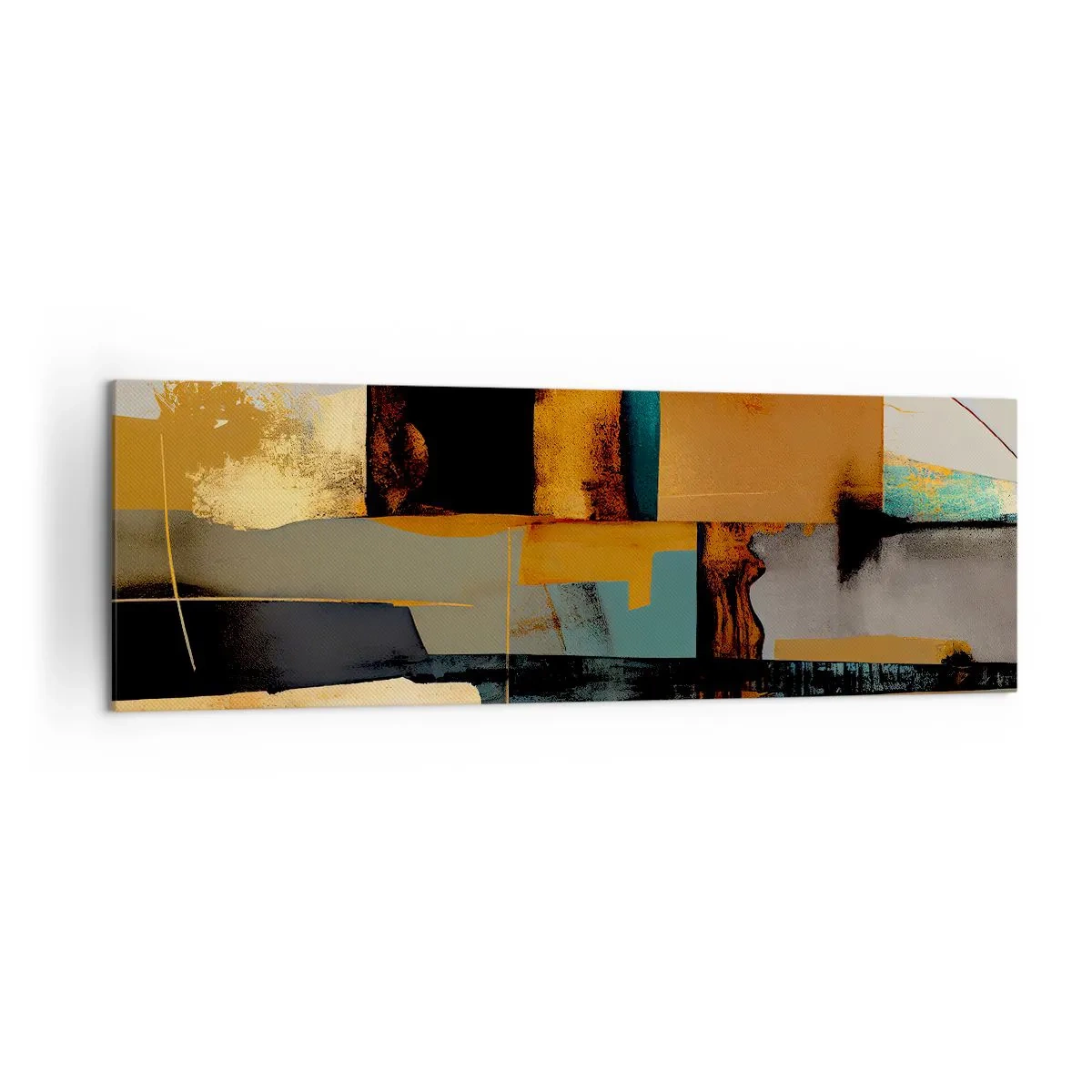 Impression sur toile - Image sur toile - Composition abstraite avec des éléments dorés et turquoise - 160x50cm - Abstraction – lumière et ombre - Décoration murale moderne pour le salon et la chambre ARTTOR