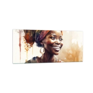 Impression sur verre - Image sur verre - Portrait d'une femme souriante dans un foulard coloré à l'aquarelle - 120x50cm - reine africaine - Décoration murale moderne pour le salon et la chambre ARTTOR