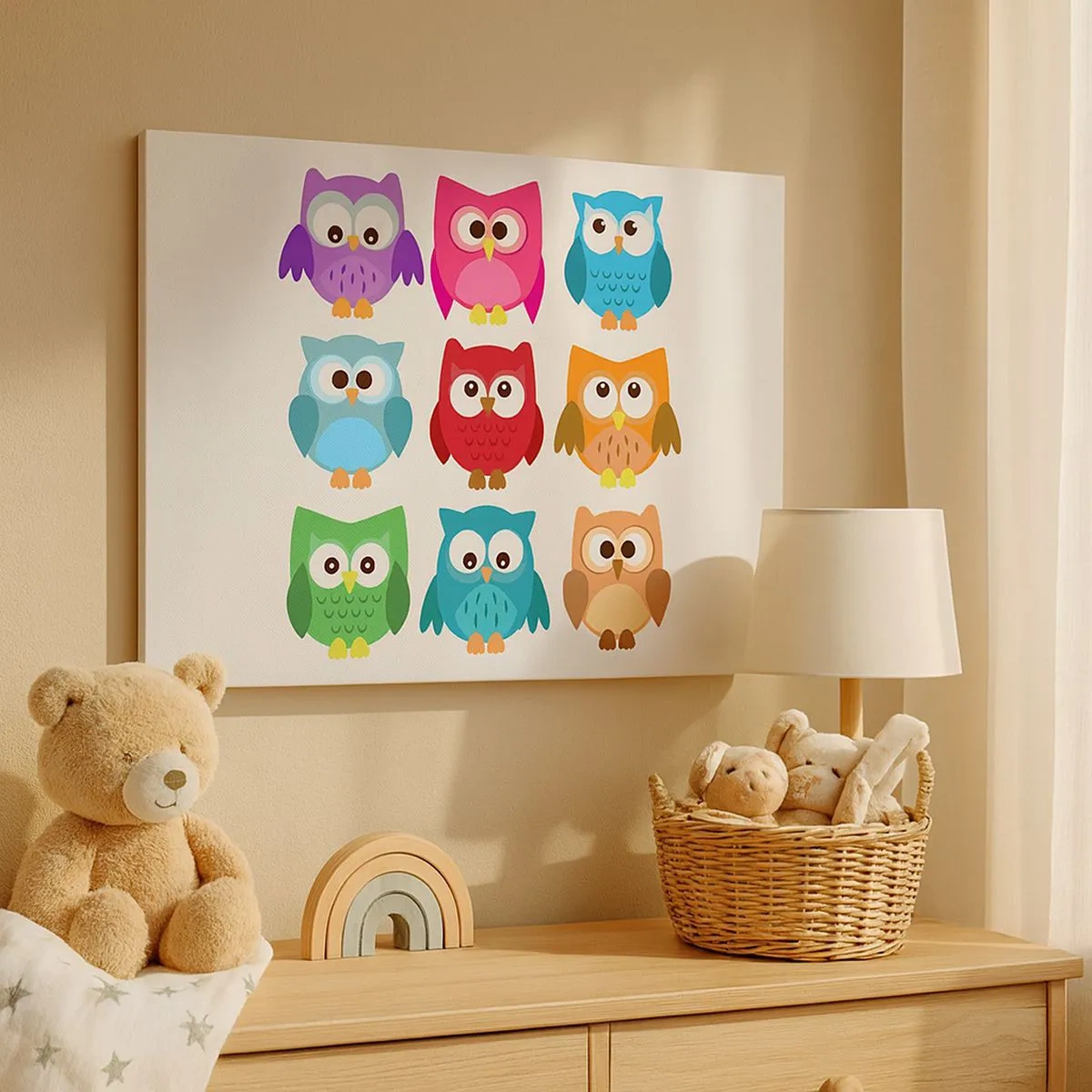 Impression sur toile - Image sur toile - Illustrations colorées de hiboux dans un style enfantin - 70x50cm - C'est amusant d'être différent - Décoration murale moderne pour le salon et la chambre ARTTOR