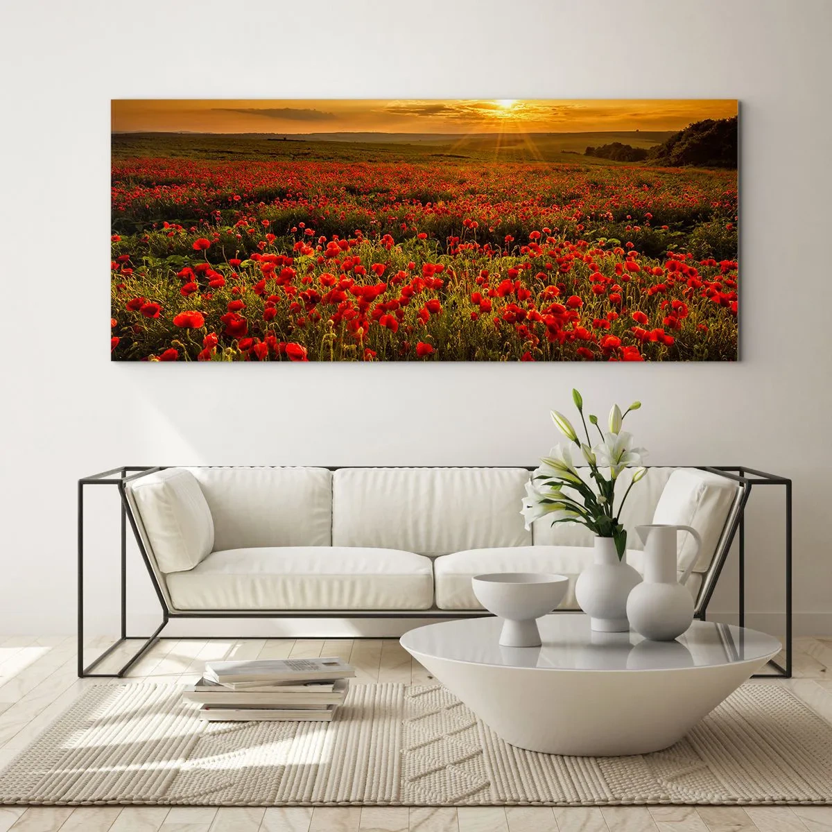 Impression sur verre - Image sur verre - Un champ de coquelicots rouges dans la lueur du soleil couchant - 140x50cm - Parmi les vagues des prairies bruissantes, parmi les fleurs du déluge - Décoration murale moderne pour le salon et la chambre ARTTOR
