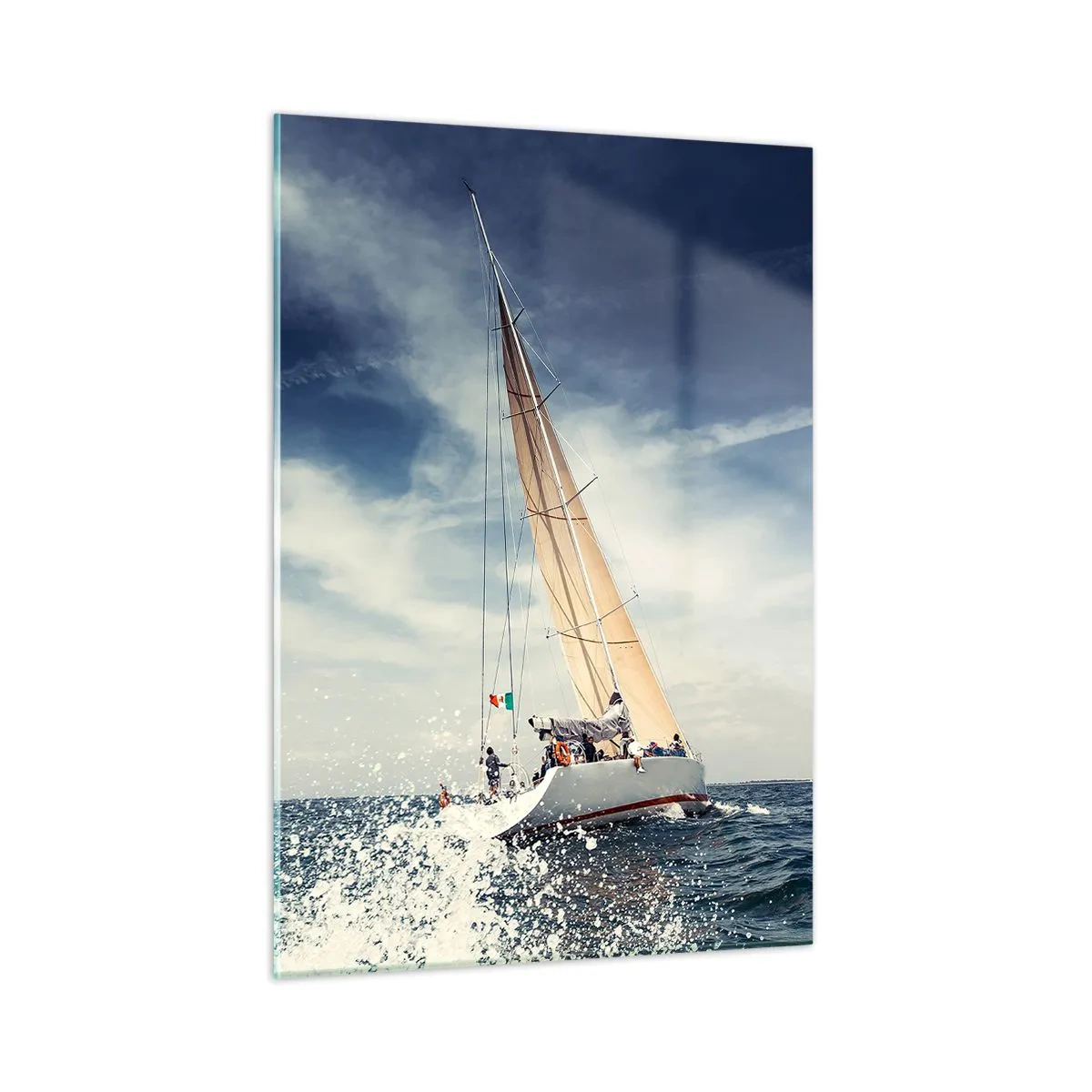 Impression sur verre - Image sur verre - Un yacht naviguant sur une mer agitée sous un ciel bleu - 50x70cm - Ils ne nous rattraperont pas ! - Décoration murale moderne pour le salon et la chambre ARTTOR