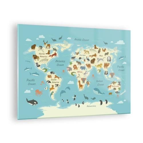 Impression sur verre - Image sur verre - Une carte du monde colorée avec des illustrations d'animaux de différents continents. - 70x50cm - De bons voisins - Décoration murale moderne pour le salon et la chambre ARTTOR