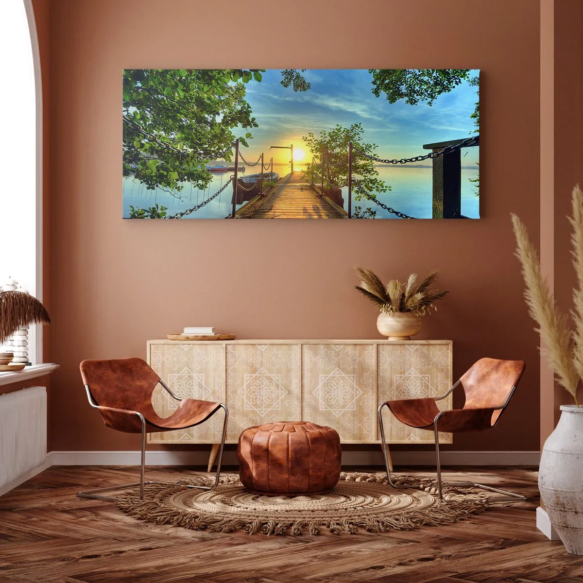 Impression sur toile - Image sur toile - Une jetée sur le lac dans les rayons du soleil couchant - 140x50cm - L'ouest au-dessus de l'eau - Décoration murale moderne pour le salon et la chambre ARTTOR