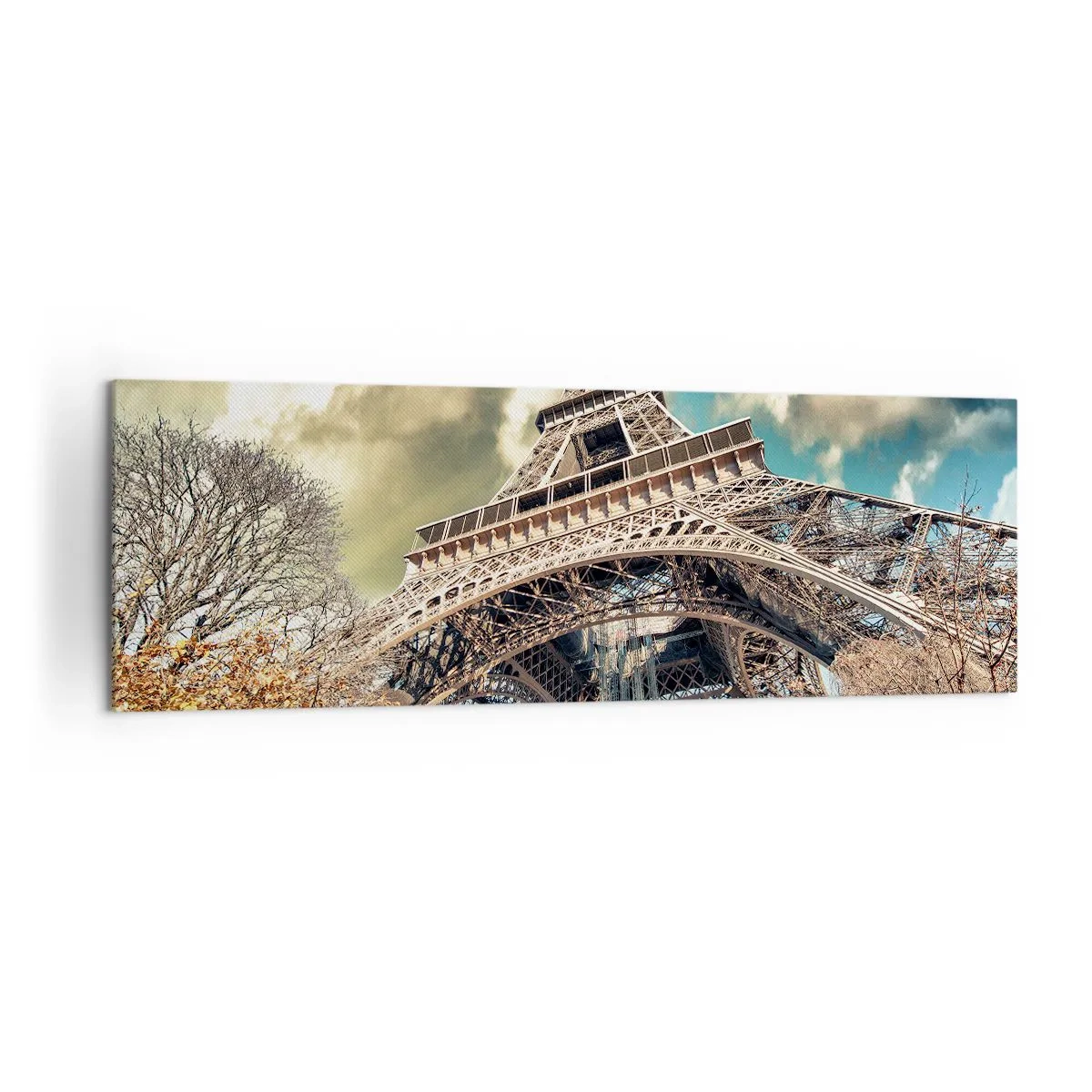 Impression sur toile - Image sur toile - La Tour Eiffel vue d'en bas dans un décor automnal - 160x50cm - Et en automne à Paris... - Décoration murale moderne pour le salon et la chambre ARTTOR