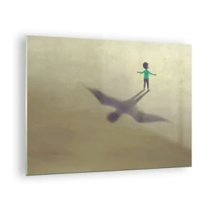 Impression sur verre - Image sur verre - Un garçon avec une ombre en forme d'oiseau sur un fond beige - 70x50cm - Héros du futur - Décoration murale moderne pour le salon et la chambre ARTTOR