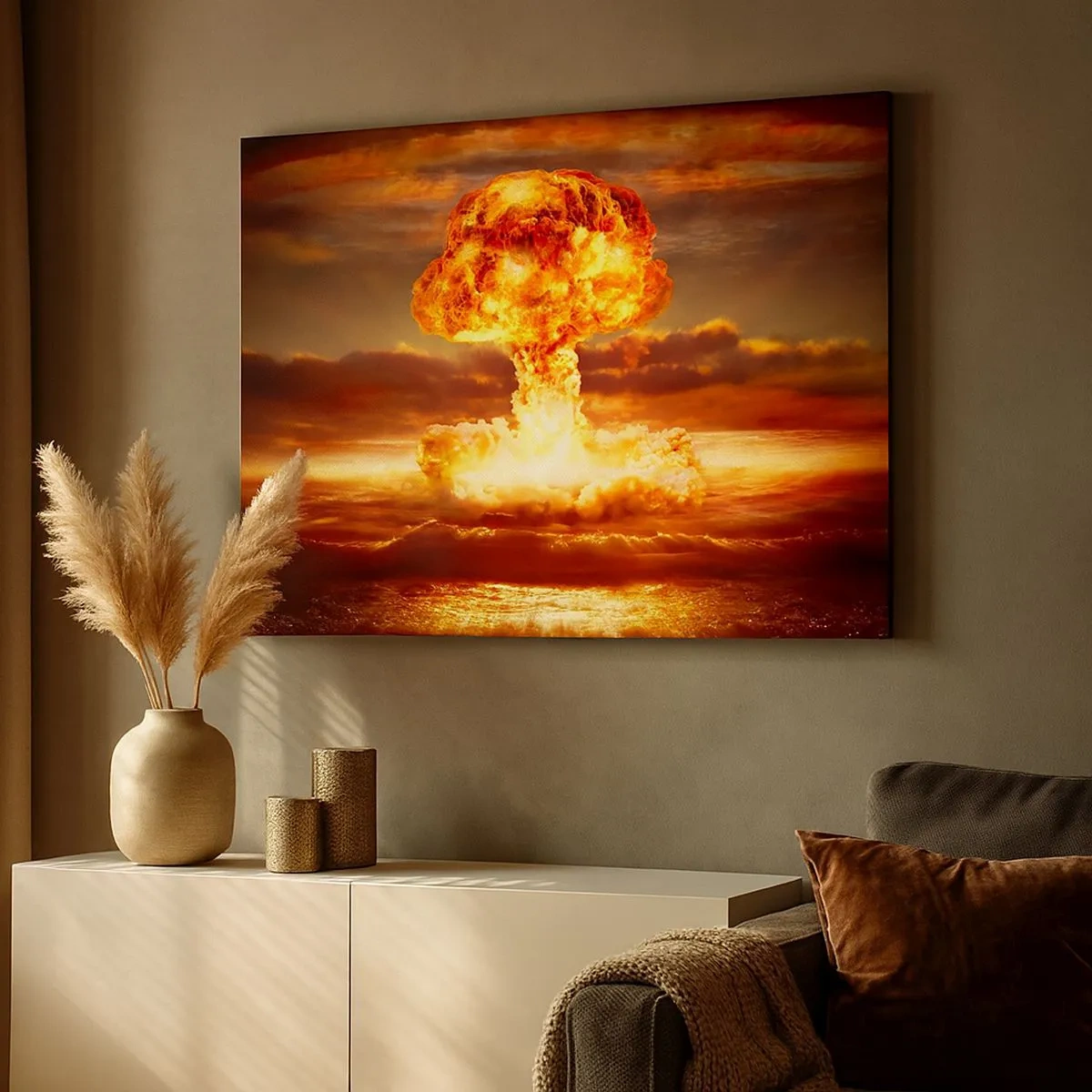 Impression sur toile - Image sur toile - Explosion d'un nuage en forme de champignon sur fond de coucher de soleil - 70x50cm - Et la fin viendra - Décoration murale moderne pour le salon et la chambre ARTTOR