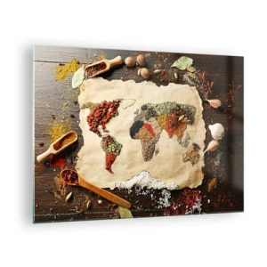 Impression sur verre - Image sur verre - Une carte du monde composée de diverses épices sur un fond rustique. - 70x50cm - Toutes les saveurs du monde - Décoration murale moderne pour le salon et la chambre ARTTOR