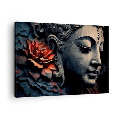 Impression sur toile - Image sur toile - Sculpture de Bouddha avec une fleur de lotus rouge - 70x50cm - En harmonie avec le monde - Décoration murale moderne pour le salon et la chambre ARTTOR