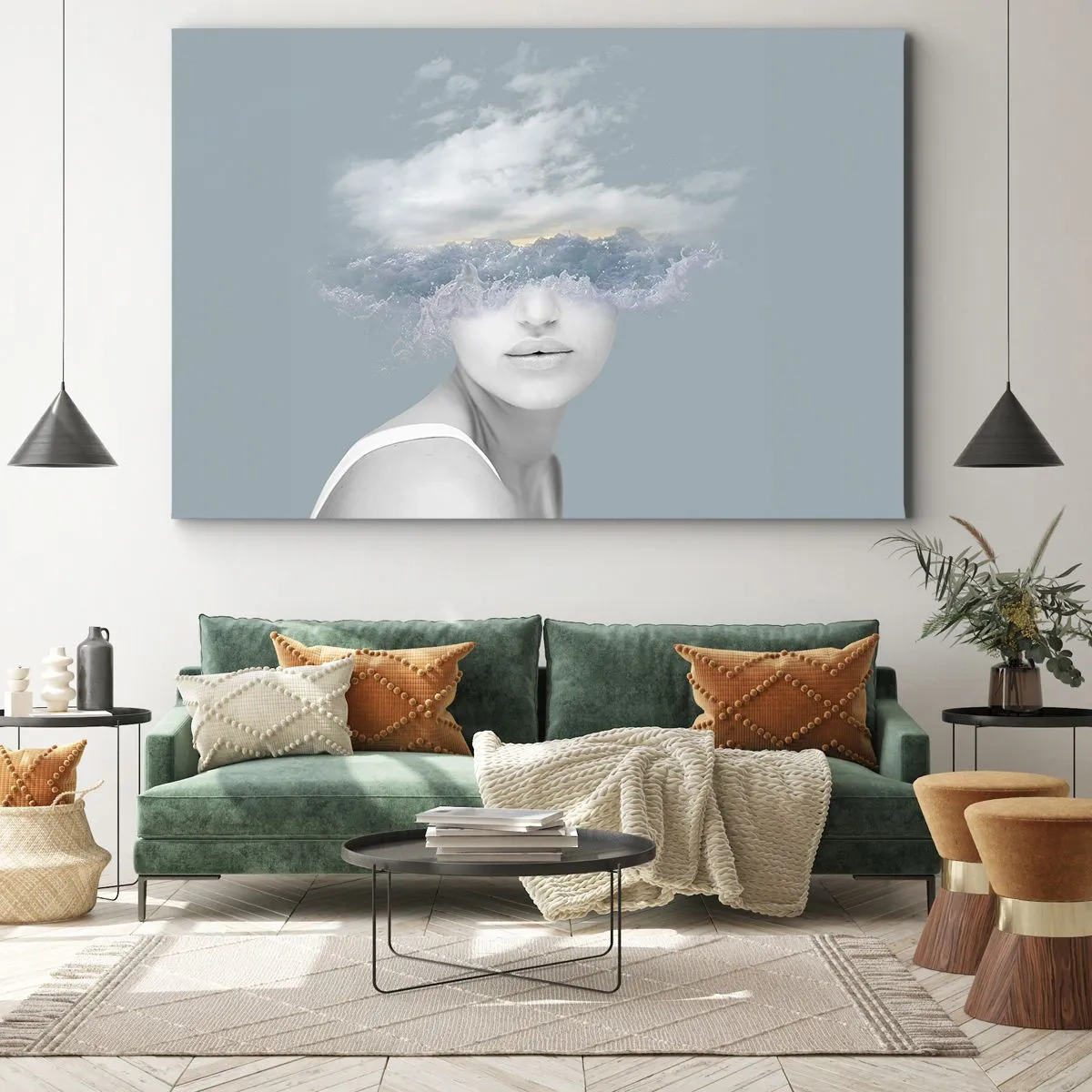 Impression sur toile - Image sur toile - Portrait d'une femme avec son visage caché derrière les nuages et les vagues - 120x80cm - La tête dans les nuages - Décoration murale moderne pour le salon et la chambre ARTTOR