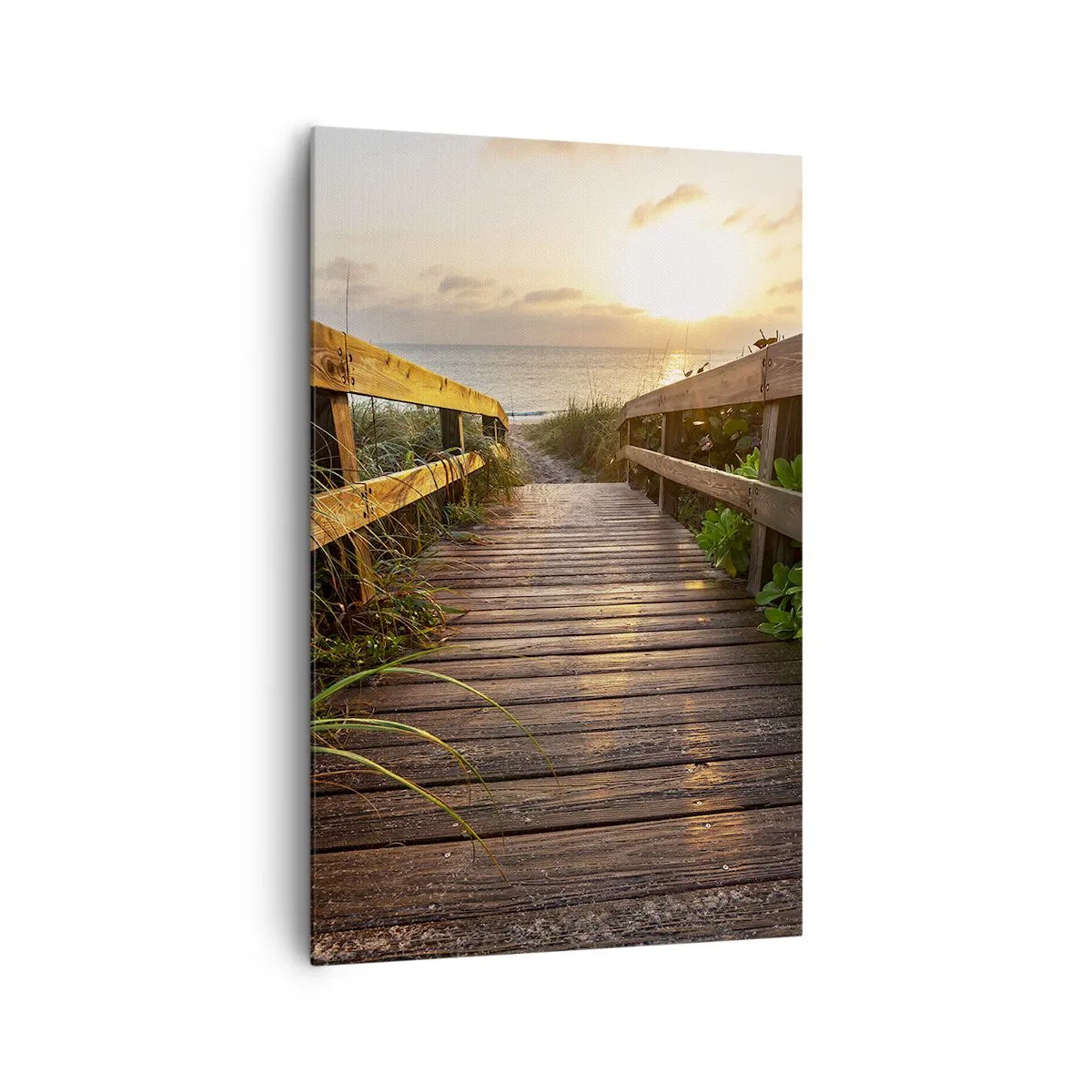 Impression sur toile - Image sur toile - Jetée en bois menant à la plage au coucher du soleil - 80x120cm - Tout droit vers le rivage - Décoration murale moderne pour le salon et la chambre ARTTOR
