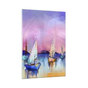 Impression sur verre - Image sur verre - Marina abstraite avec voiliers au coucher du soleil - 50x70cm - Direction: les eaux larges - Décoration murale moderne pour le salon et la chambre ARTTOR