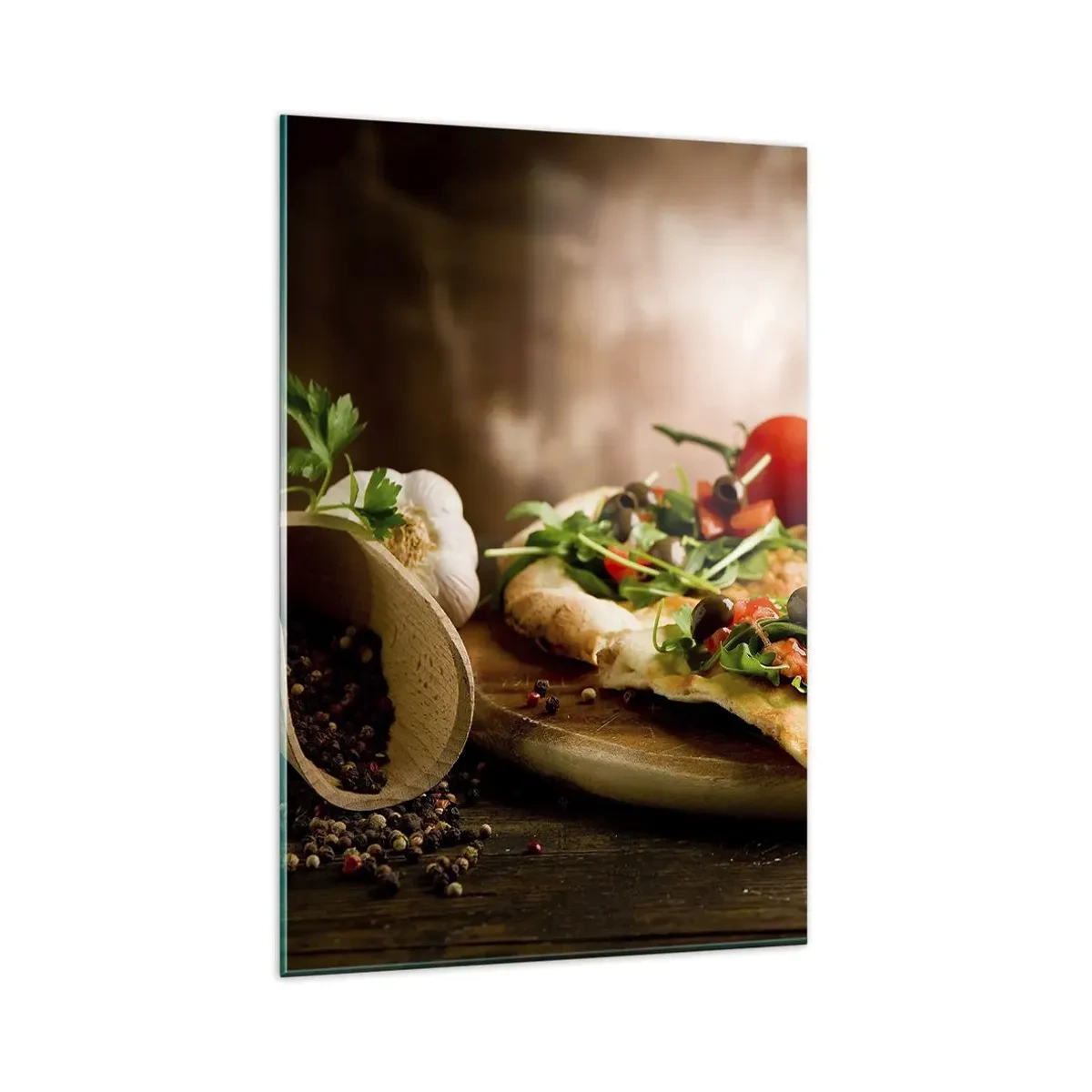 Impression sur verre - Image sur verre - Pizza aux légumes sur une planche en bois dans un style rustique - 80x120cm - Directement du four et du jardin - Décoration murale moderne pour le salon et la chambre ARTTOR