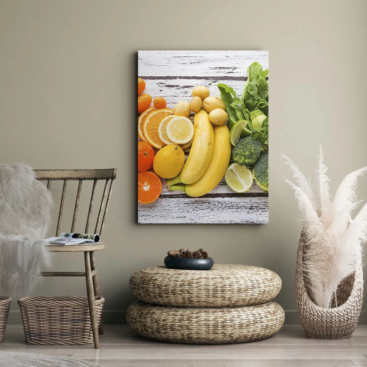 Impression sur toile - Image sur toile - Fruits et légumes colorés sur fond de bois - 70x100cm - Ce n'est pas suffisant? - Décoration murale moderne pour le salon et la chambre ARTTOR