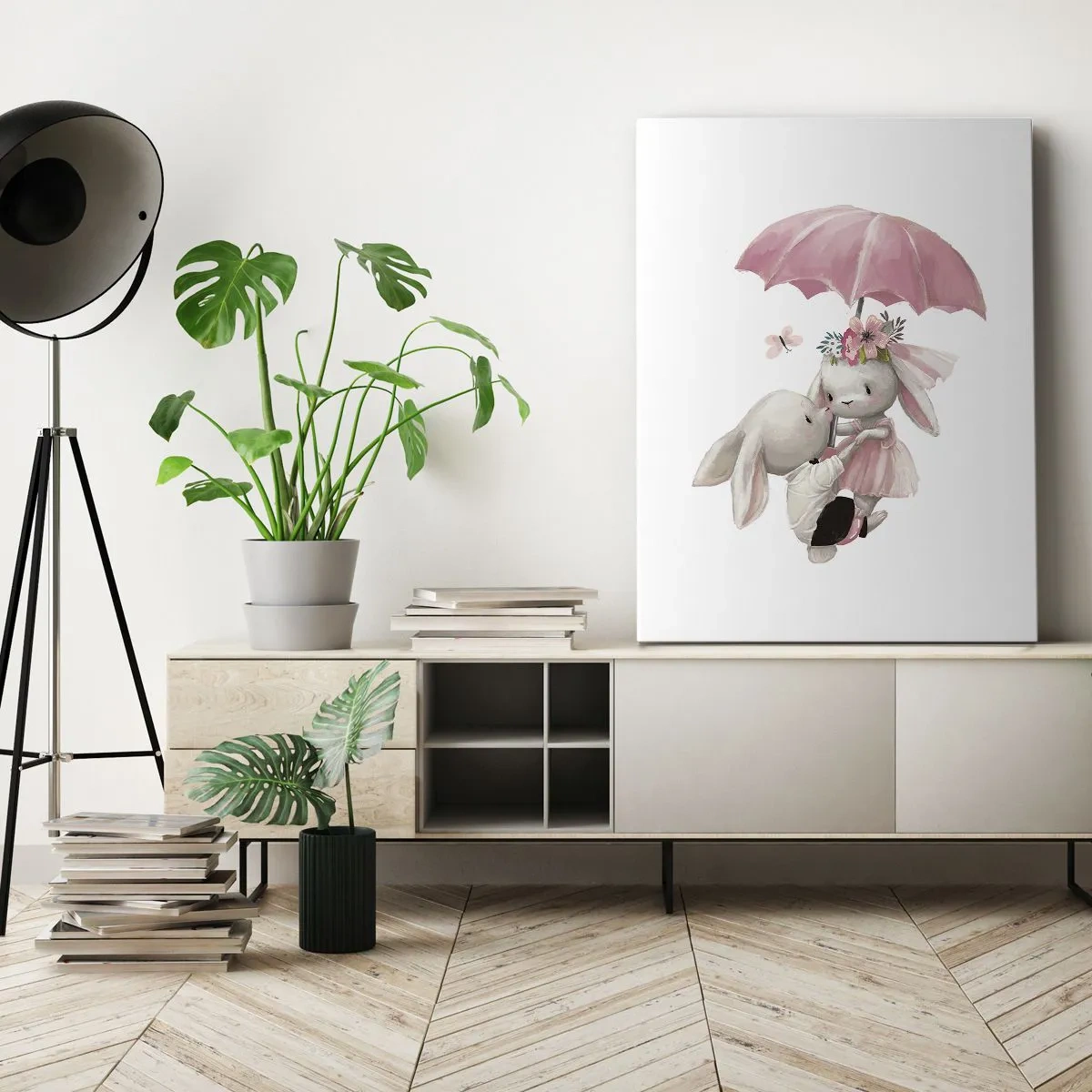 Impression sur toile - Image sur toile - Des lapins mignons sous un parapluie rose - 80x120cm - C'est ça l'amour - Décoration murale moderne pour le salon et la chambre ARTTOR