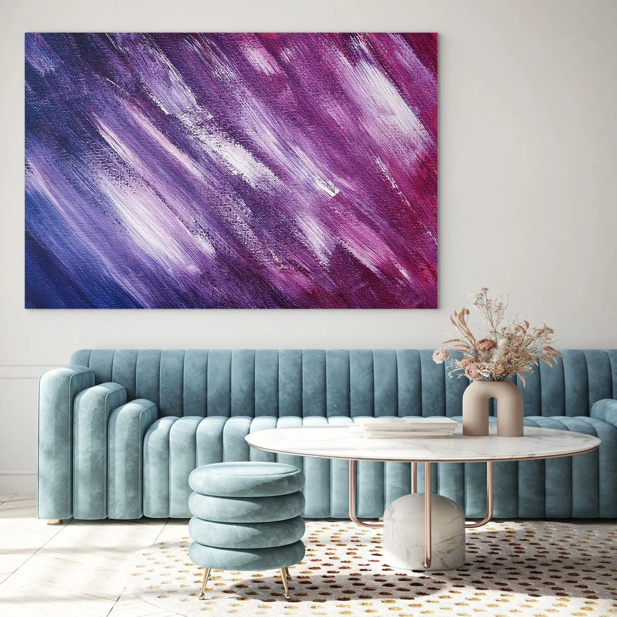 Impression sur verre - Image sur verre - Peinture abstraite dans les tons de violet et de blanc - 70x50cm - Quand le vent ensoleillé souffle - Décoration murale moderne pour le salon et la chambre ARTTOR