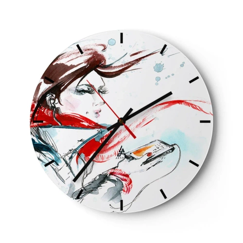 Horloge murale - Pendule murale - Portrait d'une femme portant un foulard rouge avec une guitare dans un style aquarelle - 30x30cm - Quelque chose se passe en moi - Décoration murale moderne pour le salon, la cuisine et la chambre ARTTOR
