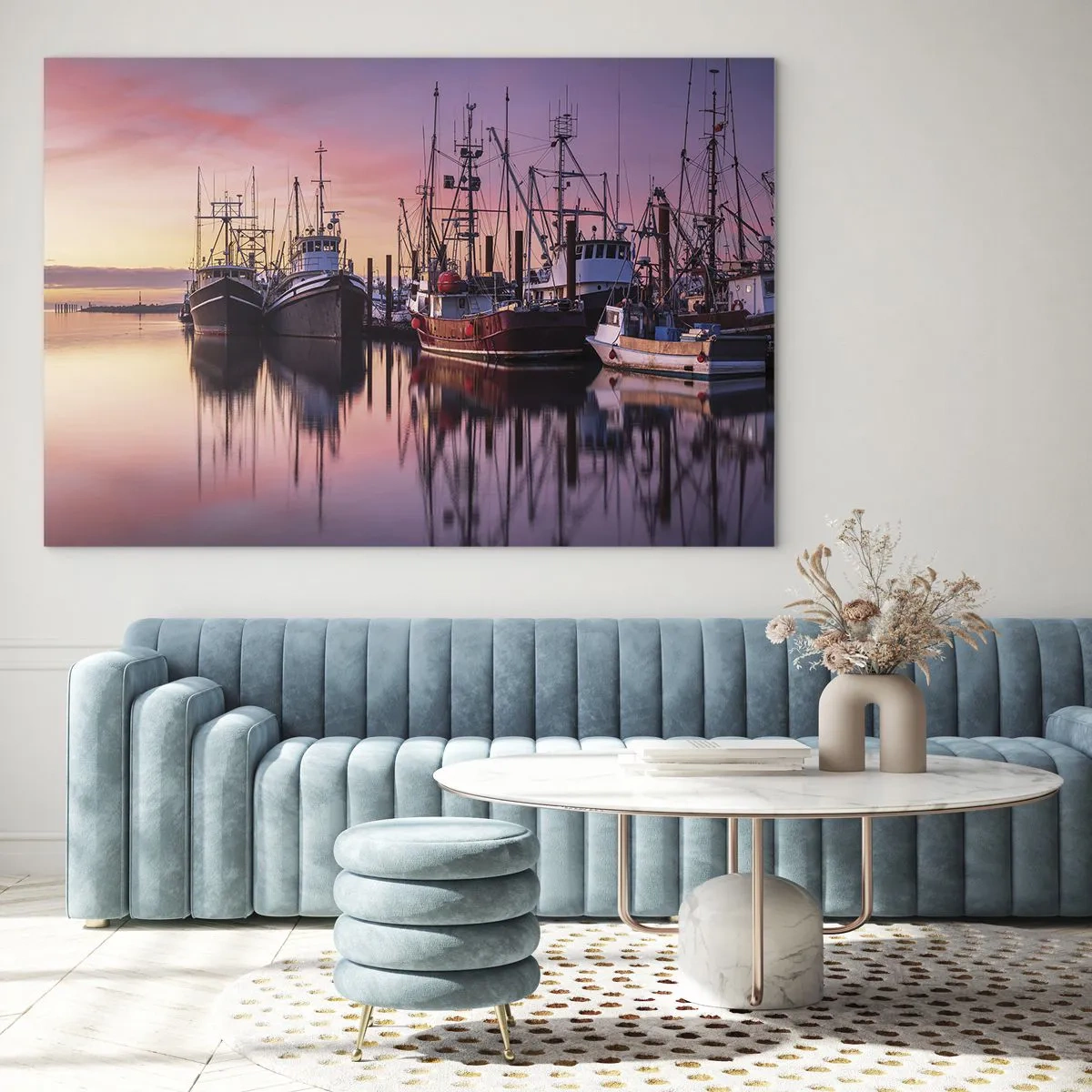 Impression sur verre - Image sur verre - Bateaux de pêche au coucher du soleil dans un port tranquille - 120x80cm - Avant le jour suivant - Décoration murale moderne pour le salon et la chambre ARTTOR