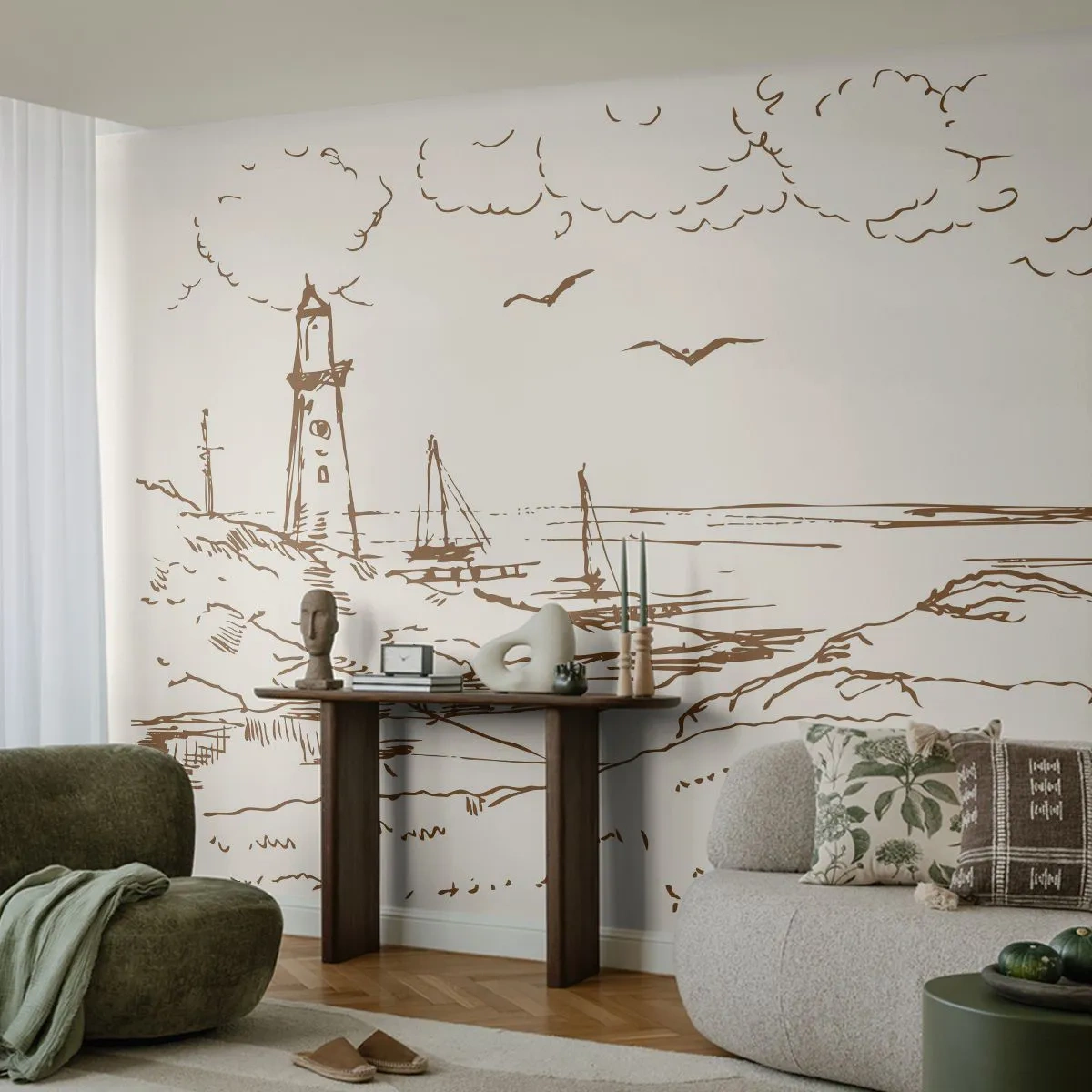 Papier Peint Photo Premium Canvas - Esquisse de souvenirs d'été - Graphique, Côte, Phare - 250x175 cm