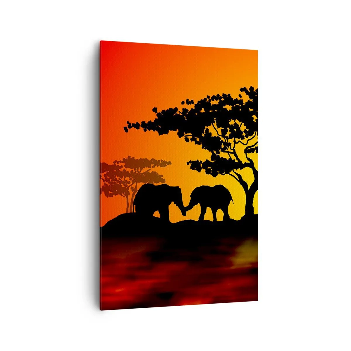 Impression sur toile - Image sur toile - Coucher de soleil africain avec des silhouettes d'éléphants et de girafes au-dessus de l'eau - 80x120cm - Rencontre dans la savane - Décoration murale moderne pour le salon et la chambre ARTTOR