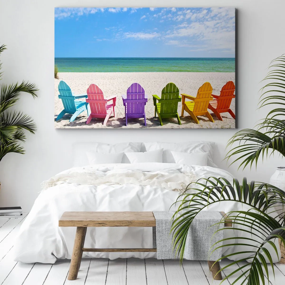 Impression sur toile - Image sur toile - Chaises longues colorées sur la plage avec vue sur la mer - 100x70cm - Plage arc-en-ciel - Décoration murale moderne pour le salon et la chambre ARTTOR