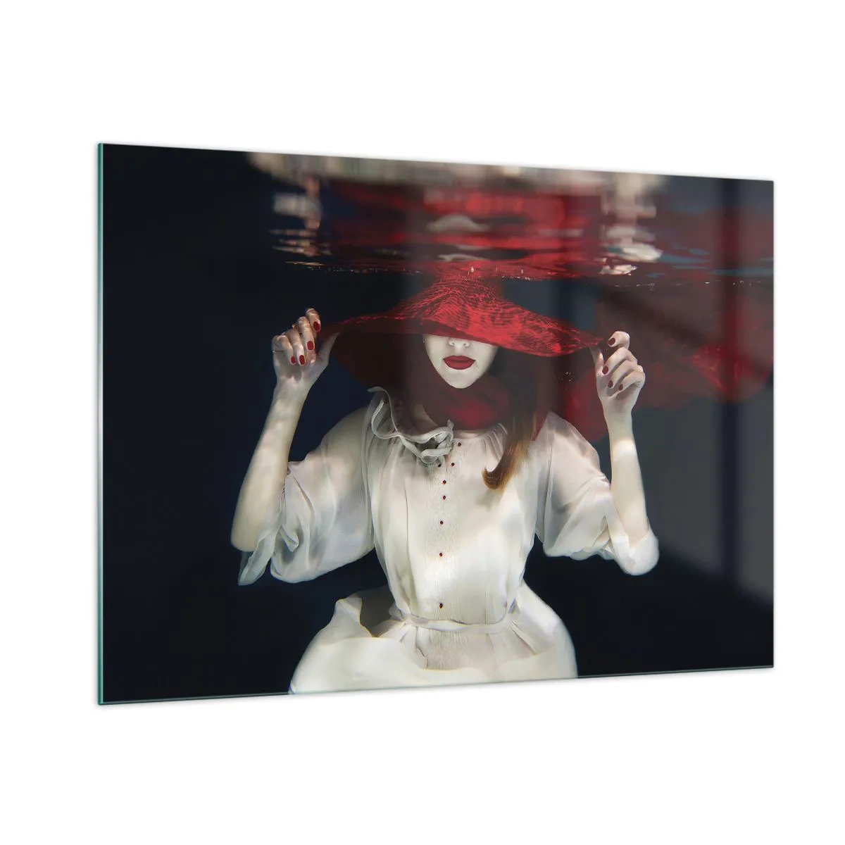 Impression sur verre - Image sur verre - Femme au chapeau rouge sous l'eau - 100x70cm - Femme mystérieuse - Décoration murale moderne pour le salon et la chambre ARTTOR