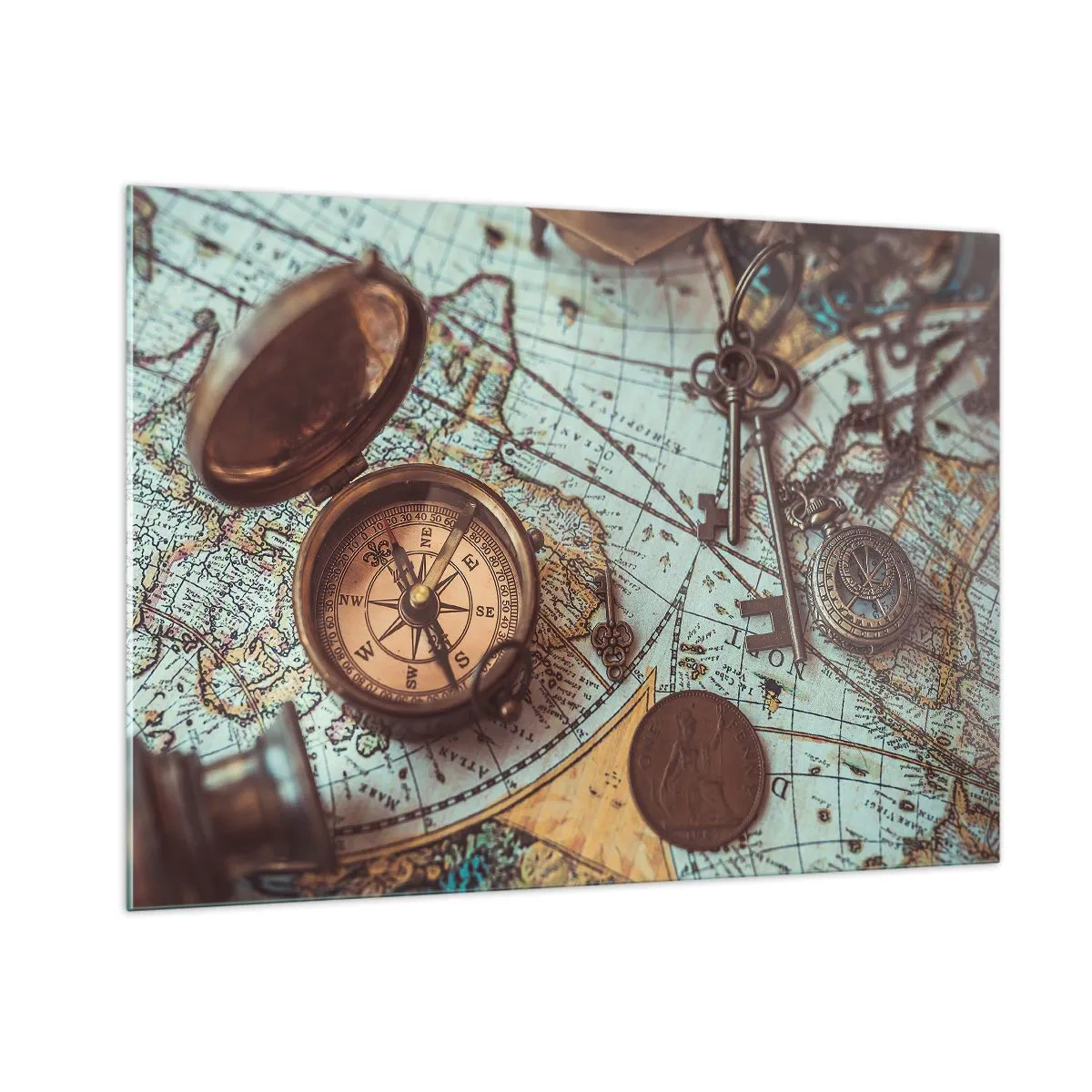 Impression sur verre - Image sur verre - Une boussole antique sur fond de carte et de clés antiques. - 100x70cm - Pour ceux qui recherche l'aventure - Décoration murale moderne pour le salon et la chambre ARTTOR