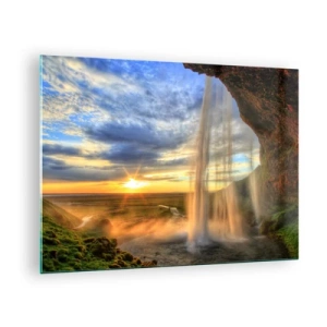 Impression sur verre - Image sur verre - Cascade avec vue sur le coucher de soleil et la vallée - 70x50cm - Le monde derrière un voile de gouttes - Décoration murale moderne pour le salon et la chambre ARTTOR