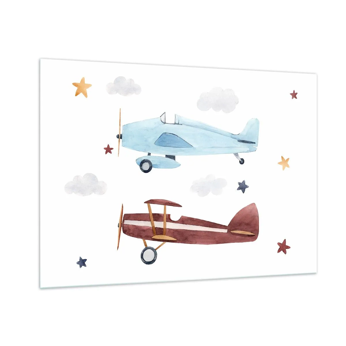 Impression sur verre - Image sur verre - Deux avions colorés parmi les étoiles et les nuages - 100x70cm - Monsieur le pilote, nous vous attendons ! - Décoration murale moderne pour le salon et la chambre ARTTOR