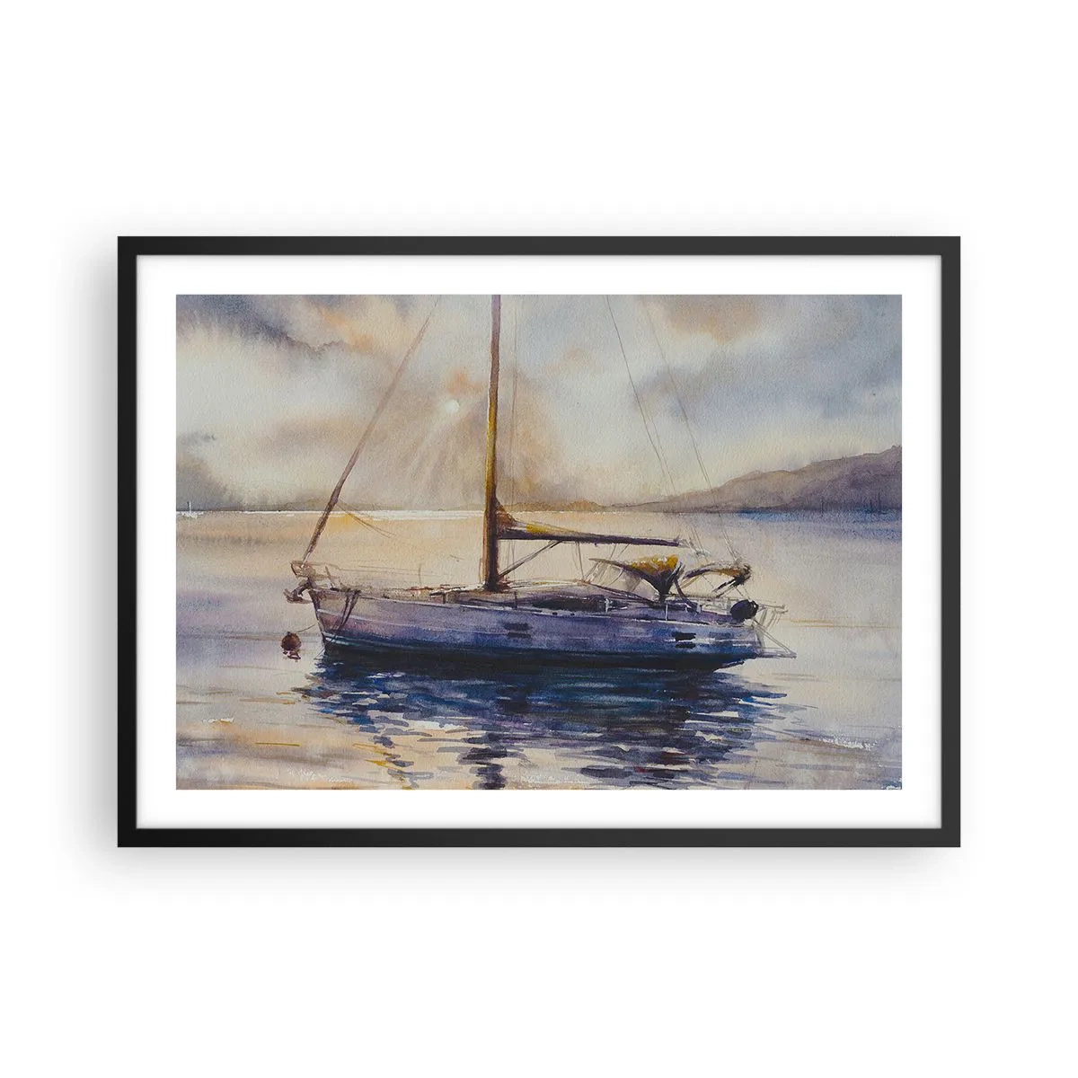 Affiche dans un cadre noir - Poster - Un yacht sur une mer calme au coucher du soleil - 70x50cm - Soirée sur la baie - Décoration murale moderne pour le salon et la chambre ARTTOR